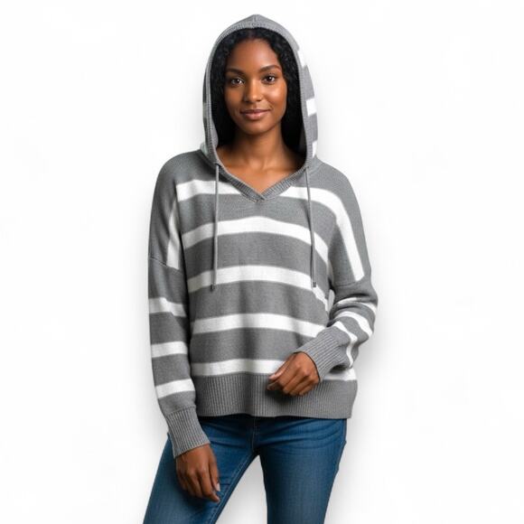 Joie Women's Striped V Neck Hooded Sweater Size L Gray White Stripe Draw Sting - Picture 1 of 8